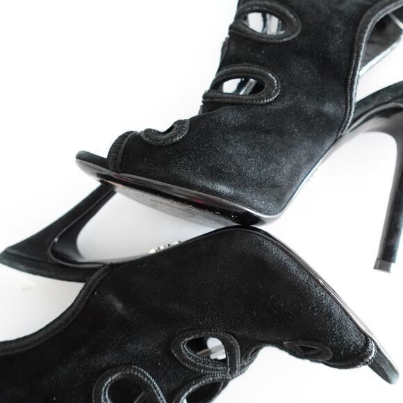 Prada Black Suede Cutout Tie-Back Ankle Peep Toe Stiletto Sandals - Picture 10 of 16